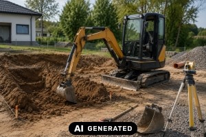 Erdarbeiten in Eigenleistung. Wann sich der Einsatz kompakter Baumaschinen im privaten Hausbau rechnet - Bild: KI-generiert / BAU.DE Erdarbeiten in Eigenleistung. Wann sich der Einsatz kompakter Baumaschinen im privaten Hausbau rechnet - Bild: KI-generiert / BAU.DE