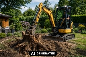 Erdarbeiten in Eigenleistung. Wann sich der Einsatz kompakter Baumaschinen im privaten Hausbau rechnet - Bild: KI-generiert / BAU.DE Erdarbeiten in Eigenleistung. Wann sich der Einsatz kompakter Baumaschinen im privaten Hausbau rechnet - Bild: KI-generiert / BAU.DE